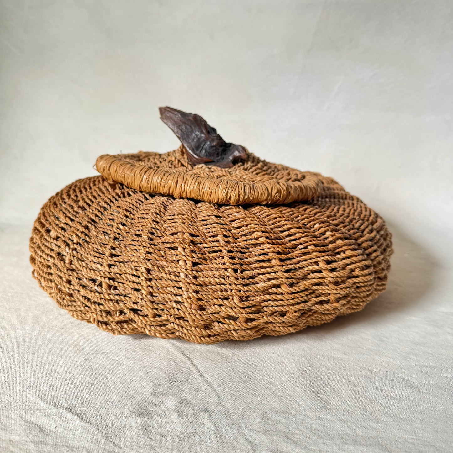 Woven Basket with Driftwood Handle Lid